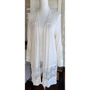 Boho Lace Kimono Cardigan Duster White Sheer Lace Trim Romantic Coquette M Gauze
